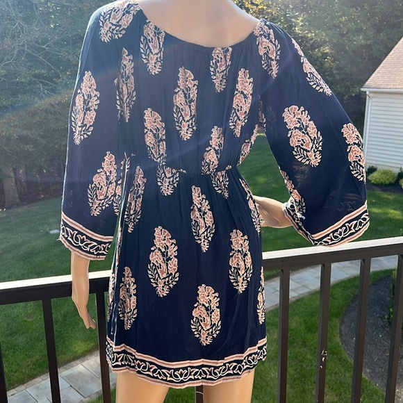 Boho cute navy/tan off shoulder tie front mini dress SZ M - Picture 3 of 10